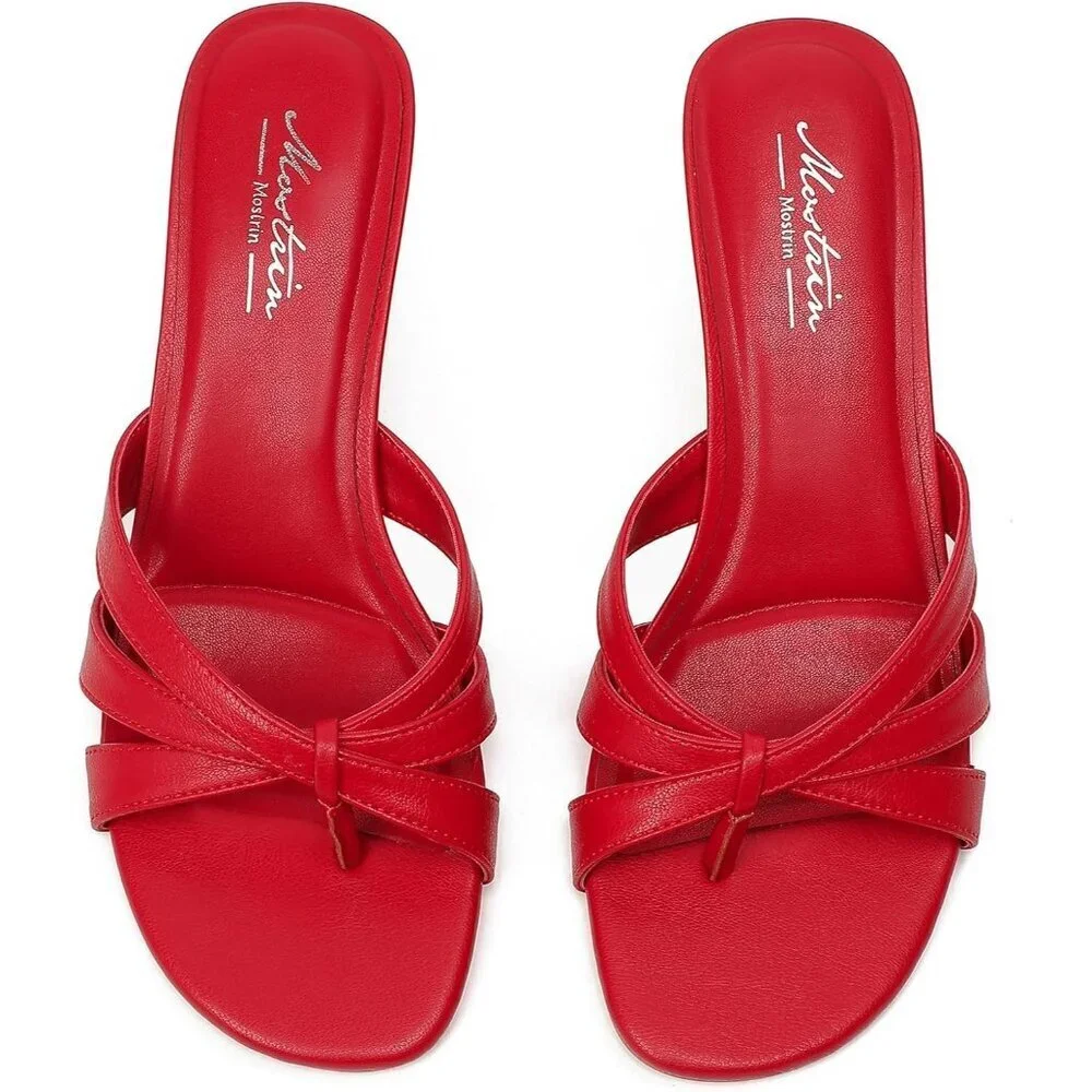 Women Strappy Kitten Heels Open Toe Slip On Mules Thong Sandal for Party Wedding